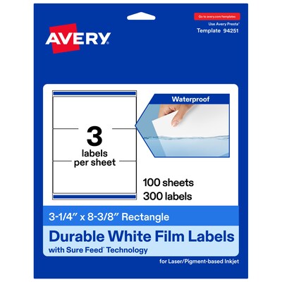 Avery Laser/Inkjet Rectangle Waterproof Multipurpose Labels, 8.375  x 3.25, White, 300/Box (94251)