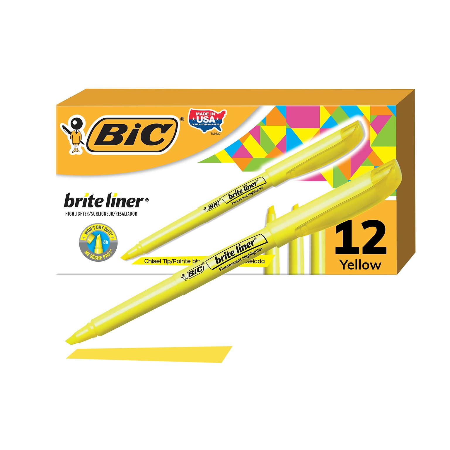 BIC Brite Liner Stick Highlighter, Chisel Tip, Yellow, Dozen (65550)