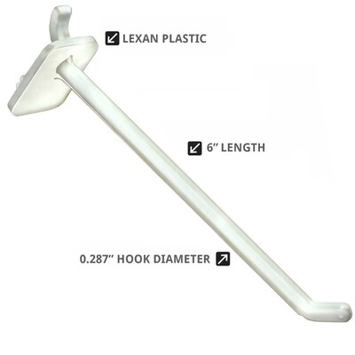Azar Displays 6" Lexan Hook: 0.287" Diameter, 50-Pack, White (800006-W)