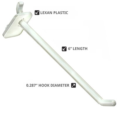 Azar Displays 6 Lexan Hook: 0.287 Diameter, 50-Pack, White (800006-W)