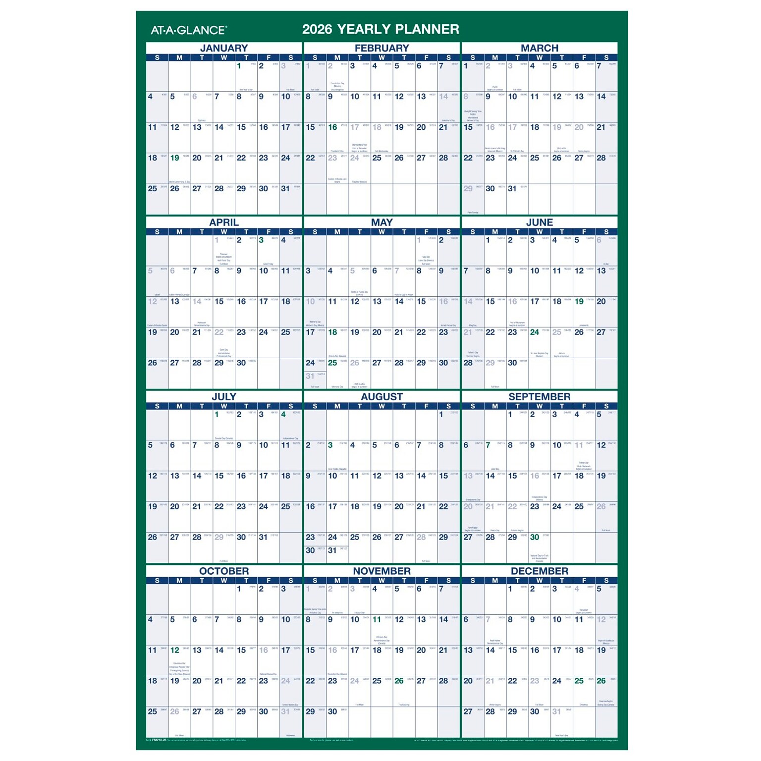 2026 AT-A-GLANCE 24 x 36 Yearly Dry Erase Wall Calendar, Reversible, White/Green (PM210-28-26)