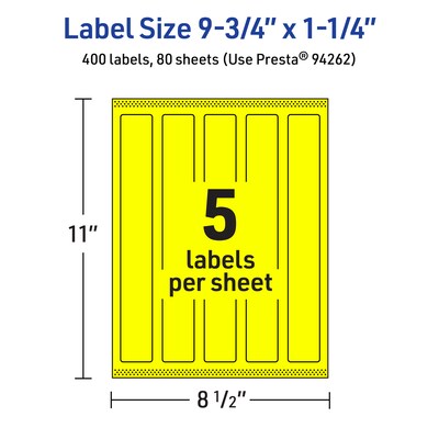 Avery Laser/Inkjet Rectangle Multipurpose Labels, 9.75" x 1.25", Neon Yellow, 400/Box (94262)