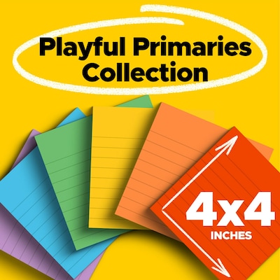 Post-it Super Sticky Notes, 4 x 4, Playful Primaries Collection, Lined, 90 Sheet/Pad, 6 Pads/Pack