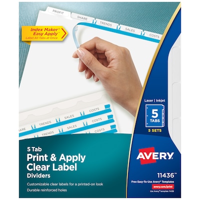 Avery IndexMaker Print & Apply Label Dividers, 5-Tab, Clear, 5/Pack (11436)