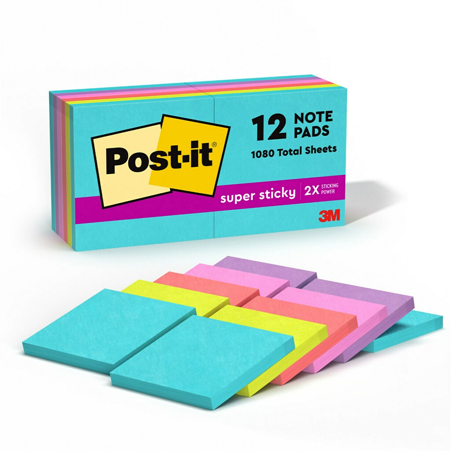 Post-it Super Sticky Notes, 3 x 3, Supernova Neons Collection, 90 Sheet/Pad, 12 Pads/Pack (654-12SSMIA)