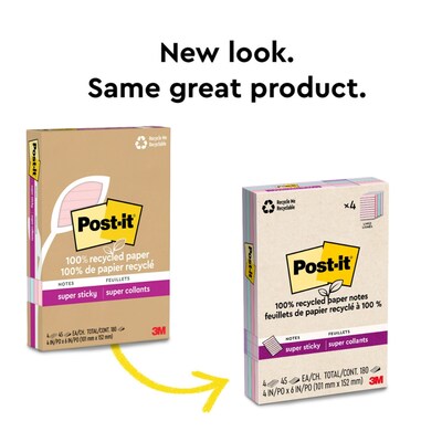 Post-it Recycled Super Sticky Notes, 4" x 6", Wanderlust Pastels Collection, 45 Sheets/Pad, 4 Pads/Pack (4621R-4SSNRP)
