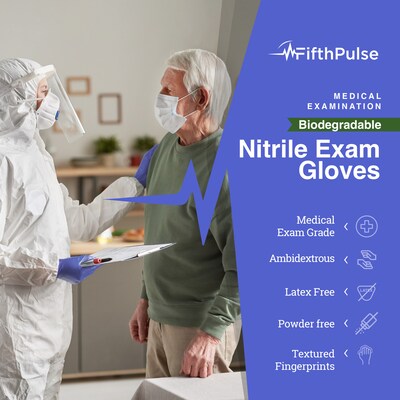 FifthPulse Biodegradable Powder Free Nitrile Exam Gloves, Latex Free, Large, Violet Blue, 150 Gloves/Box (FMN100546)
