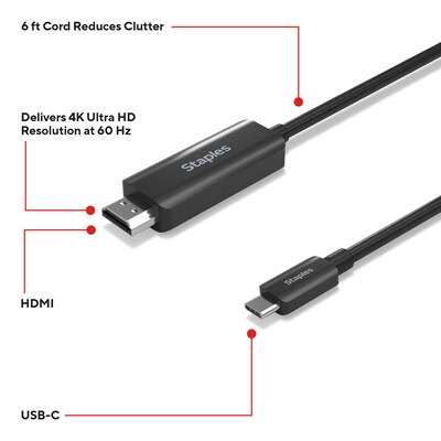 Staples TECH 6 ft. USB-C to HDMI Audio/Video Cable, Male to Male, Black (ST62472)