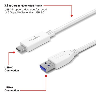 Staples TECH USB-C to USB-A Charging Cable, 3.3 ft., White (ST62316)
