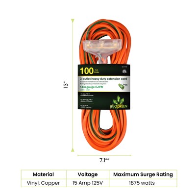 GoGreen Power 100 Indoor/Outdoor Extension Cord, 3-Outlet, 14 AWG, Orange (GG-15100)