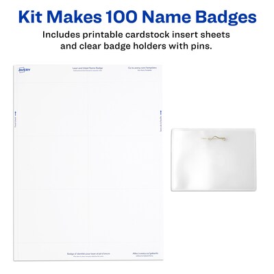 Avery Pin Style Laser/Inkjet Name Badge Kit, 3" x 4", Clear Holders with White Inserts, 100/Box (74540)