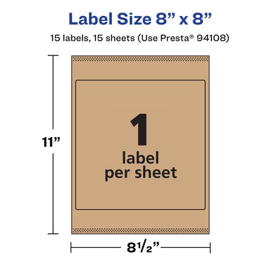Avery Laser/Inkjet Square Multipurpose Labels, 8" x 8", Kraft Brown, 15 Labels/Pack ( 94108)