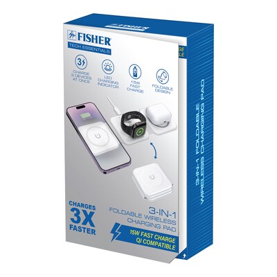 Fisher Tech Essentials Magnetic 3-in-1 Foldable Wireless Charging Pad, 15W, 4-ft., White (FWIC285W)