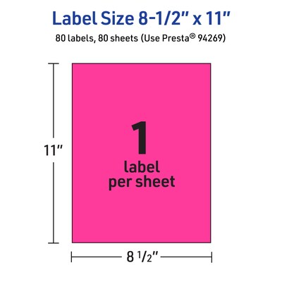 Avery Laser/Inkjet Rectangle Multipurpose Labels, 8.5" x 11", Neon Magenta, 80/Box (94269)