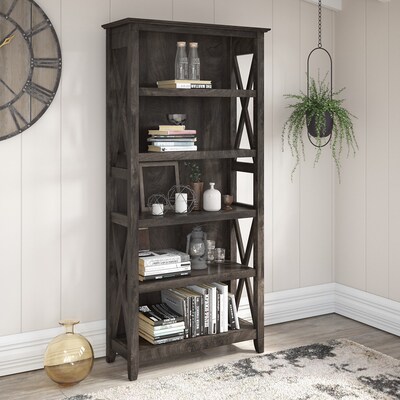 Bush Furniture Key West 66H 5-Shelf Bookcase with Adjustable Shelves, Dark Gray Hickory Wood (KWB13