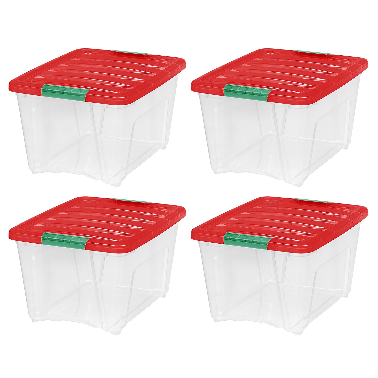 Iris Holiday Medium Stackable Plastic Storage Box, 10.5 x 14.4 x 18.5, 32 Qt., Clear/Red, 4/Pack (500532)