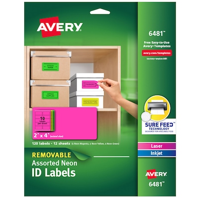 Avery Laser/Inkjet Identification Labels, 2 x 4, Assorted Neon Colors, 10/Sheet, 12 Sheets/Pack (6