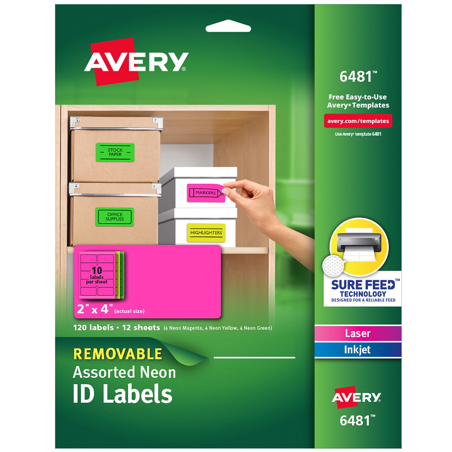 Avery Sure Feed Laser/Inkjet ID Labels, 2 x 4, Assorted Neon, 120 Labels/Pack (6481)