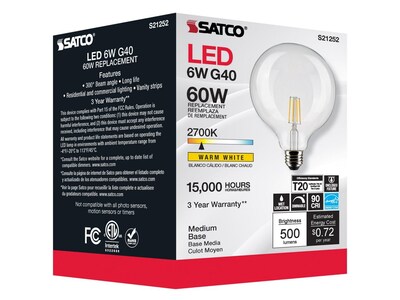 Satco Lighting 6-Watt Warm White LED Decorative Bulb, 6/Carton (S21252)