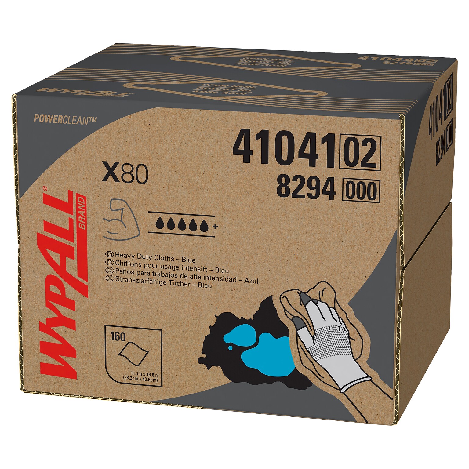 WypAll PowerClean X80 Fabric Cleaning Wipers, 16.8 x 12.5, Blue, 160 Wipers/Box, 160/Carton (41041)