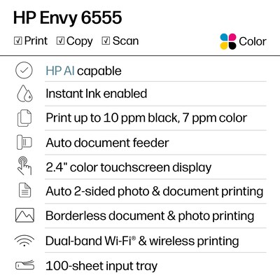HP Envy 6555 Wireless Color All-in-One Printer, Scan, Copy, 3 Months Free Instant Ink, AI Enabled (C2XR6A)