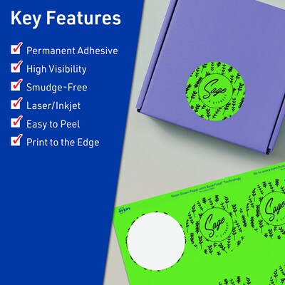 Avery Laser/Inkjet Multipurpose Circle Labels, 2.5 Dia., Neon Green, 180/Pack (94502)