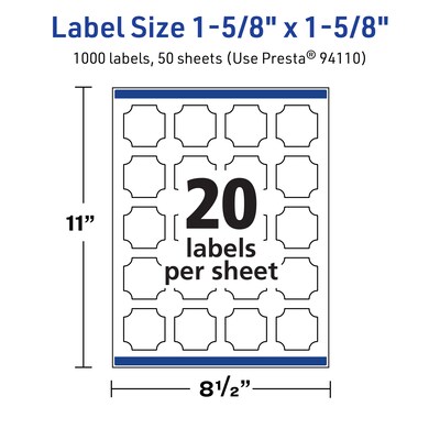 Avery TrueBlock Laser/Inkjet Decorative Edge Multipurpose Labels, 1-5/8" x 1-5/8", White, 1000/Box (94110)