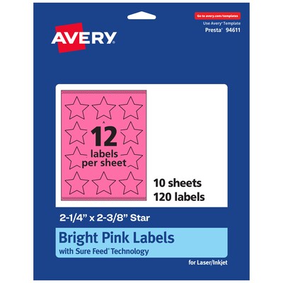 Avery Star Laser/Inkjet Multipurpose Labels, 2-1/4 x 2-3/8, Bright Pink (120/Pack)