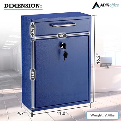 AdirOffice Steel Large Wall Mounted Drop Box Interoffice Mailbox, Key Lock, Blue (631-04-BLU-PKG)