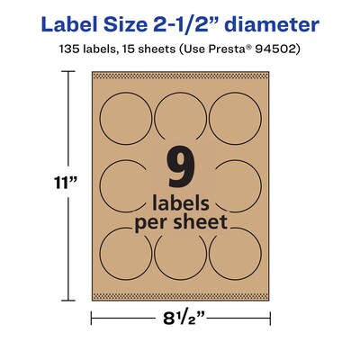 Avery Laser/Inkjet Multipurpose Circle Labels, 2.5" Dia, Kraft Brown, 135/Pack (94502)