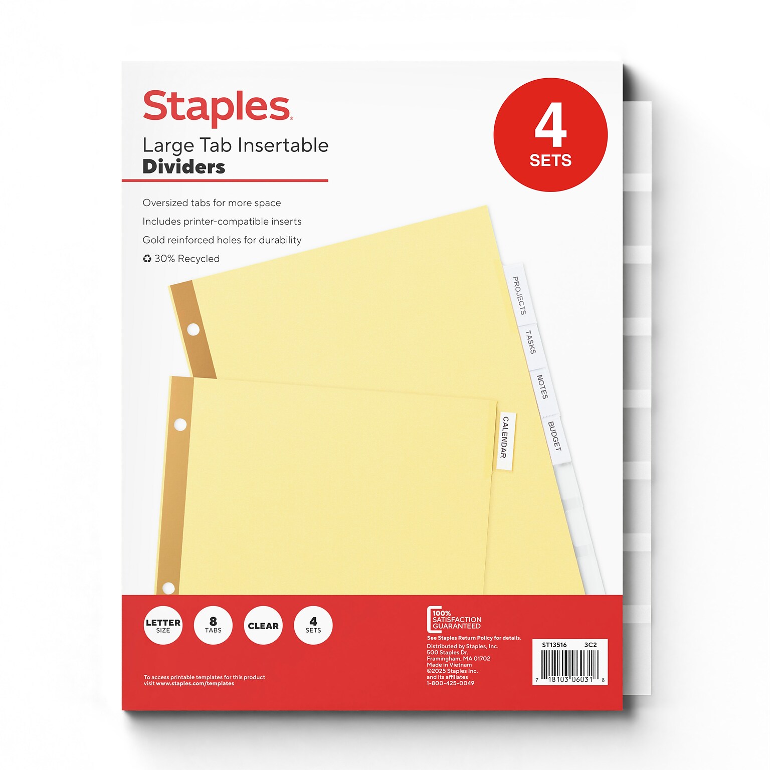 Staples Large Tab Insertable Paper Divider, Assorted Colors, 8-Tabs, 4 Sets (13516/14482)