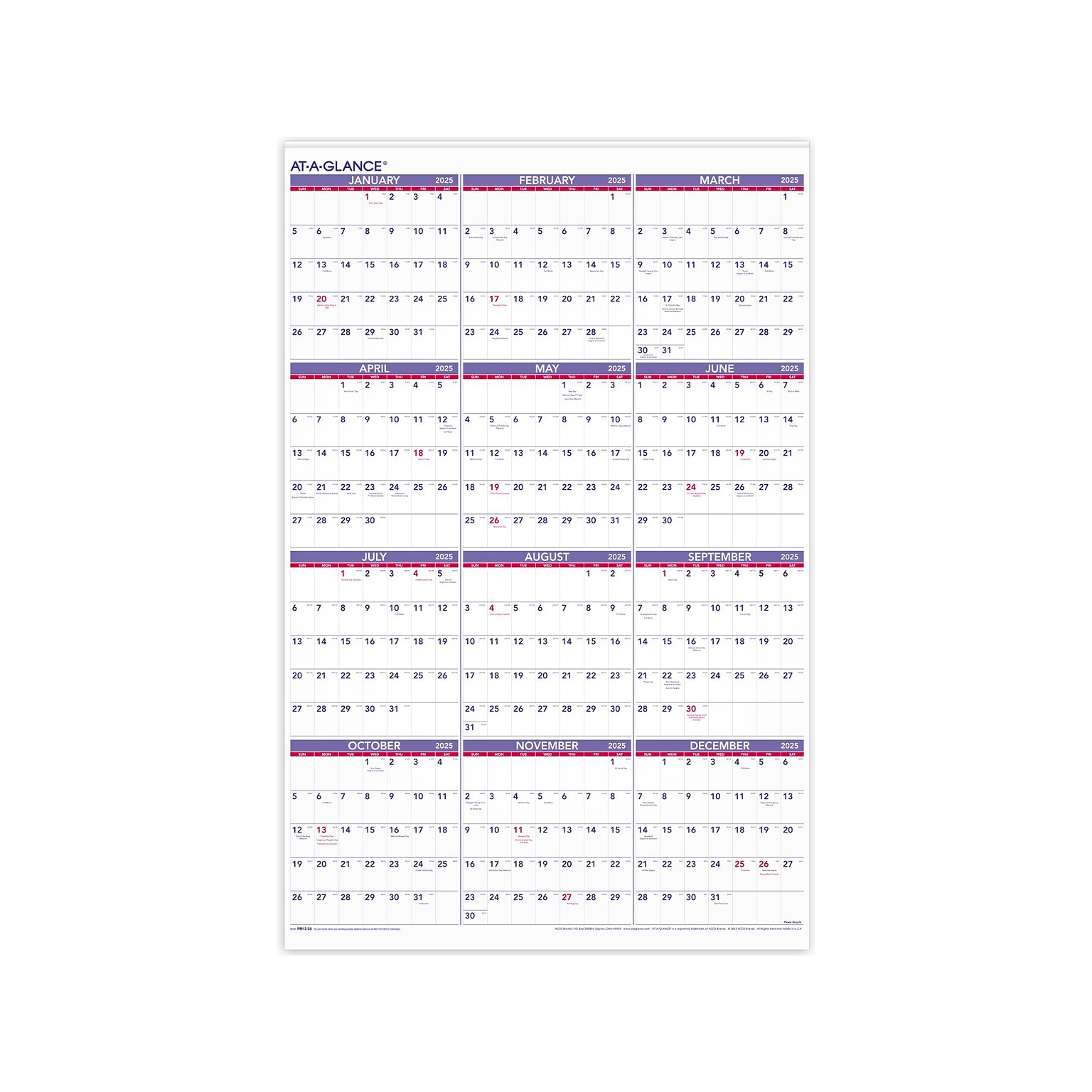 2025 AT-A-GLANCE 24 x 36 Yearly Wall Calendar, White/Purple (PM12-28-25)