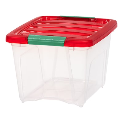 Iris Holiday Small Stackable Plastic Storage Box, 9.5" x 12" x 15", 19 Qt., Clear/Red, 4/Pack (500533)