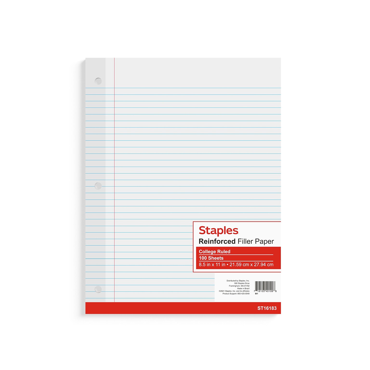 Staples College Ruled Filler Paper, 8.5 x 11, 100 Sheets/Pack, 12 Packs/Carton (TR16183)