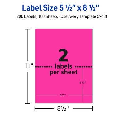 Avery Laser Shipping Labels, 5 1/2" x 8 1/2", Neon Pink, 200 Labels/Box (5948)