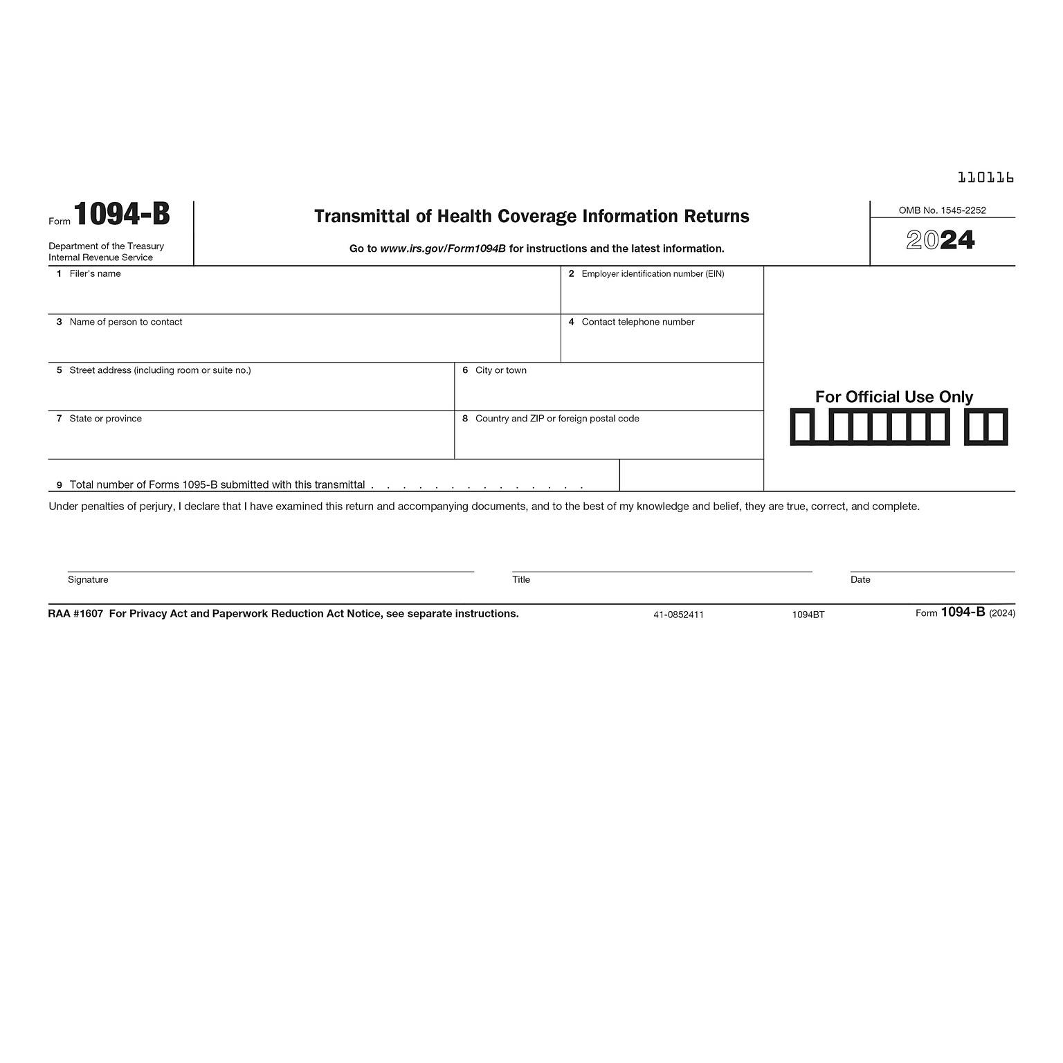 ComplyRight 2024 1094-B Tax Form, 1-Part, White/Black, 500/Pack (1094BT500)