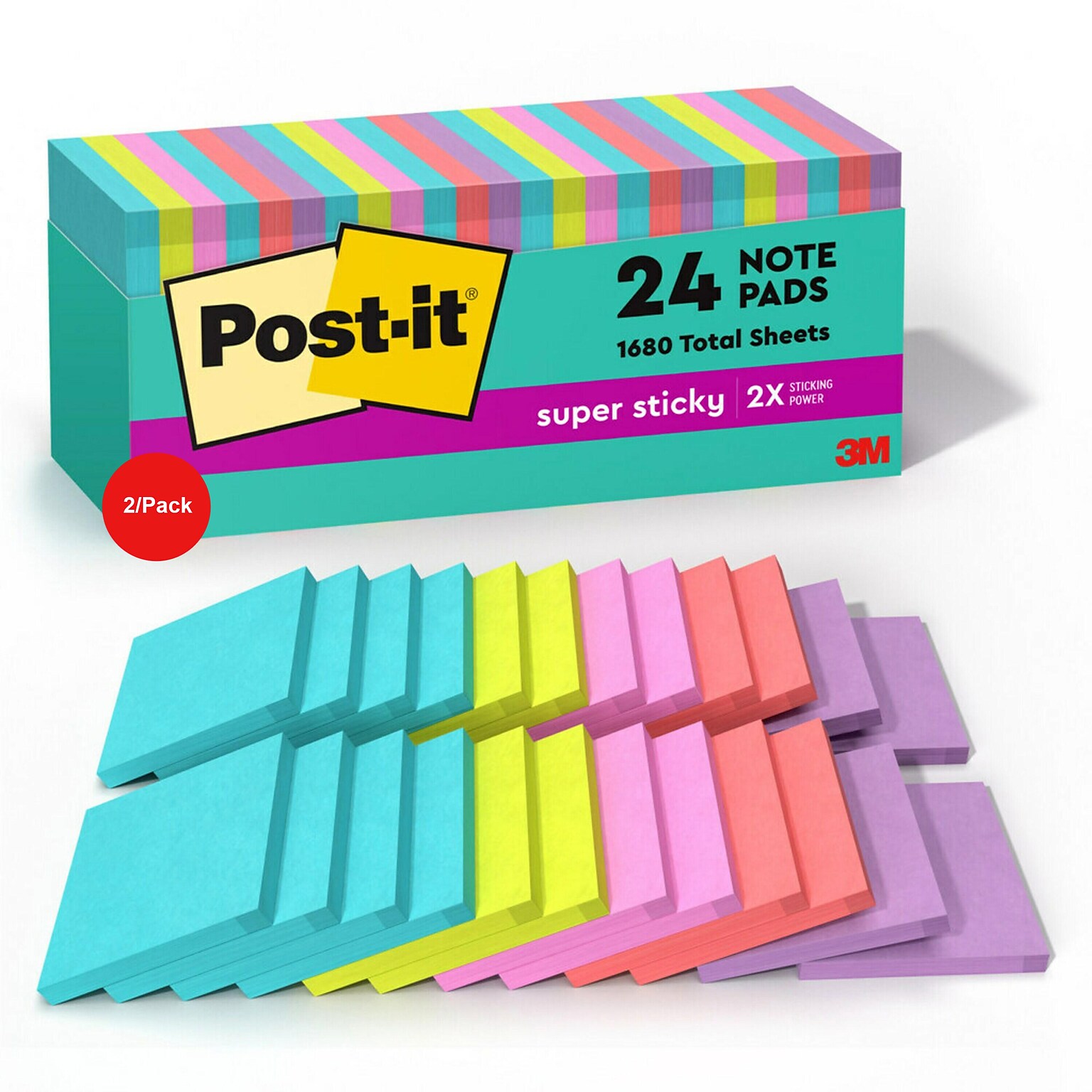 Post-it Super Sticky Notes, 3 x 3 in., 48 Pads, 70 Sheets/Pad, 2X the Sticking Power, Supernova Neon