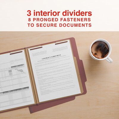 Staples Heavy Duty Pressboard Classification Folder, 3-Dividers, 3" Expansion, Letter Size, Brick Red, 10/Pack (ST62742)
