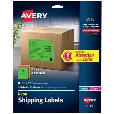 Avery Laser Shipping Labels, 8-1/2 x 11, Assorted Neon, 15 Labels/Pack (5975)