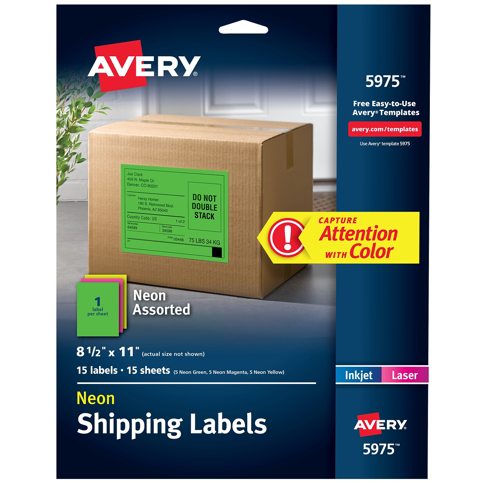 Avery Laser Shipping Labels, 8-1/2 x 11, Assorted Neon, 15 Labels/Pack (5975)