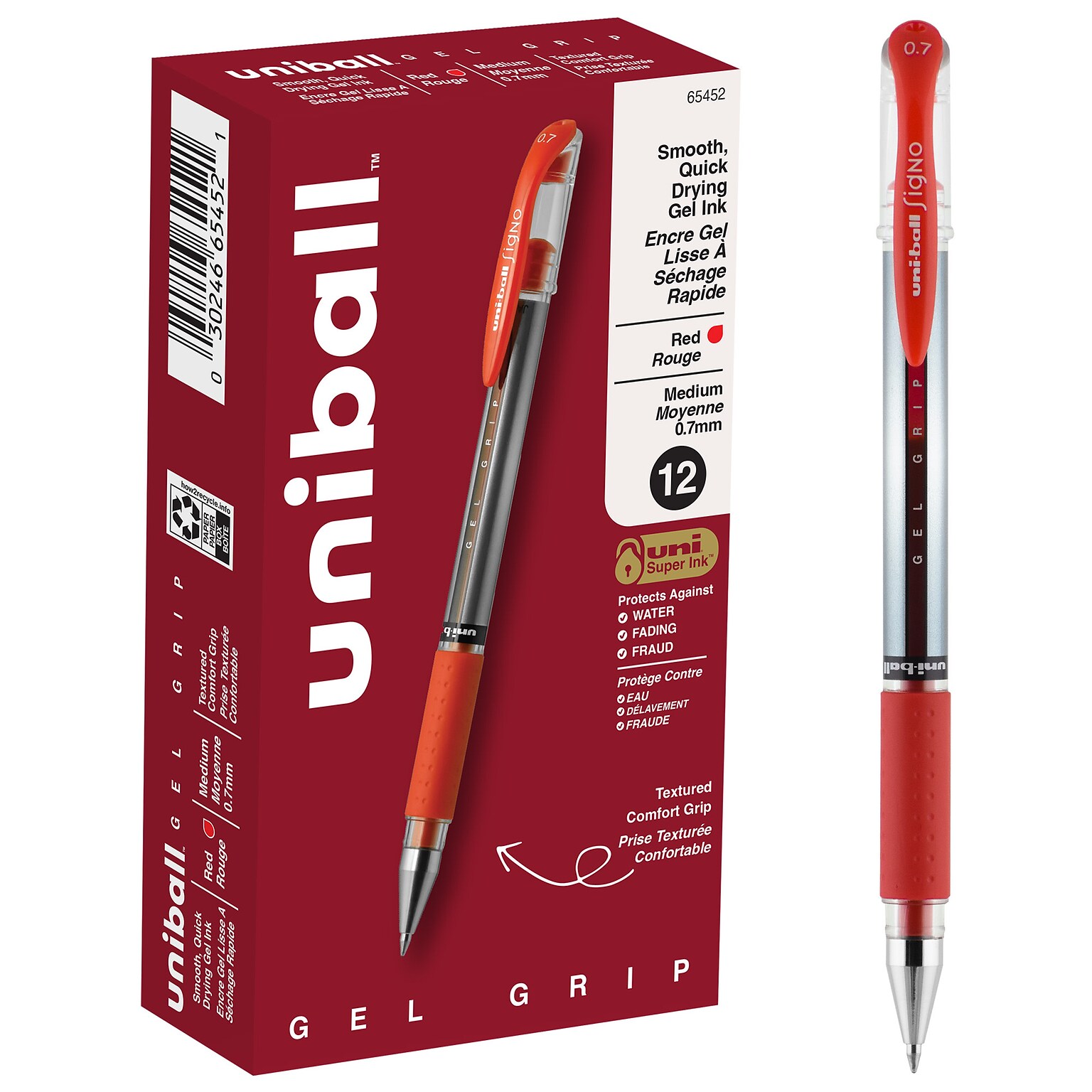 uni-ball Gel Grip Gel Pens, Medium Point, 0.7mm, Red Ink, 12/Pack (65452)