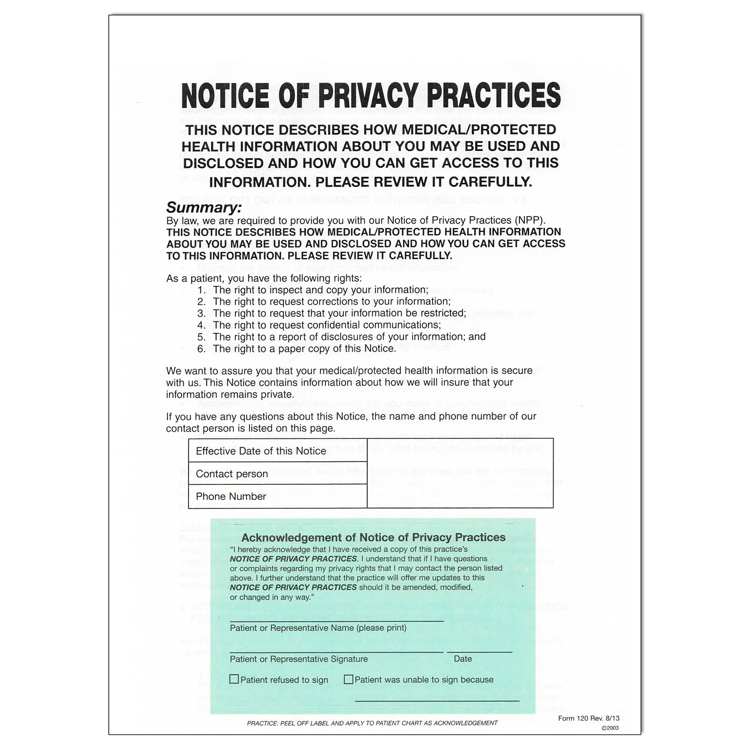 Cosco Notice of Privacy Practices with Label, English, 8-Part, 250 Forms/Pack (074045)