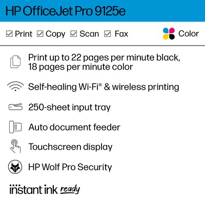 HP OfficeJet Pro 9125e Wireless Color Inkjet Printer, All-In-One, Print, Scan, Copy, Fax (403X0A#B1H)