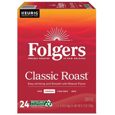 Folgers Classic Roast Coffee Keurig® K-Cup® Pods, Medium Roast, 96/Carton (204496)