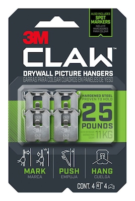 3M CLAW Drywall Picture Hanger with Temporary Spot Marker, Holds  25 lbs., 4 Hangers, 4 Markers/Pack