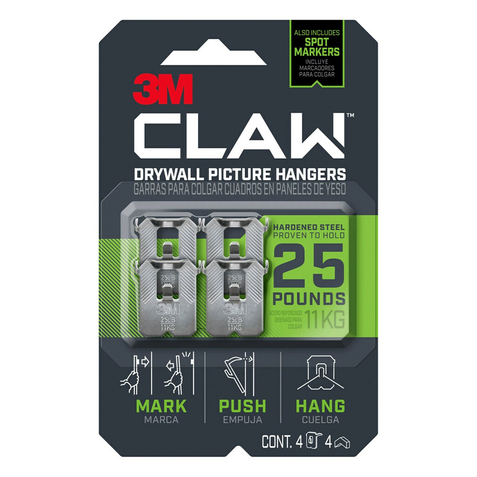 3M CLAW Drywall Hanger, 25 lbs., Silver, 4/Pack (3PH25M4ES)