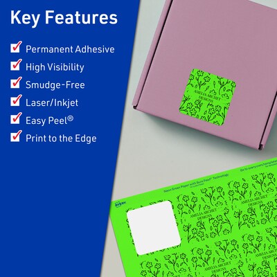Avery Laser/Inkjet Multipurpose Square Labels, 2 x 2, Neon Green, 480/Pack (94107)