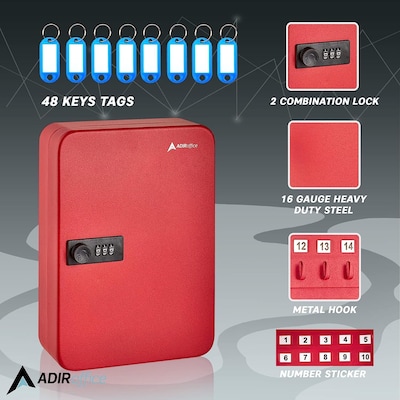 AdirOffice 48-Key Cabinet with Combination Lock and Key Tags, Red (682-48-RED-689-PKG)