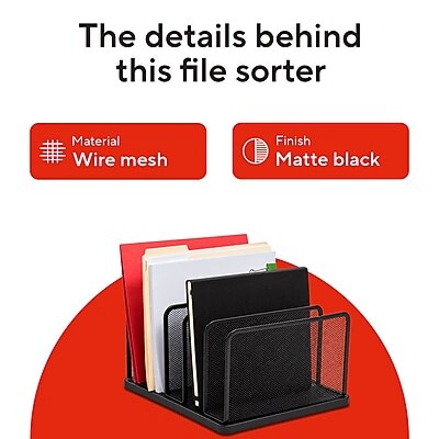 TRU RED Wire Mesh File Organizer, 5-Compartment, Matte Black – Vertical Desktop Sorter for Files, Folders & Mail