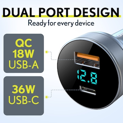 Overtime A40 54W Dual-Port USB-C and USB-A Car Charger with LED Voltage Display, Black (OCA40BK)